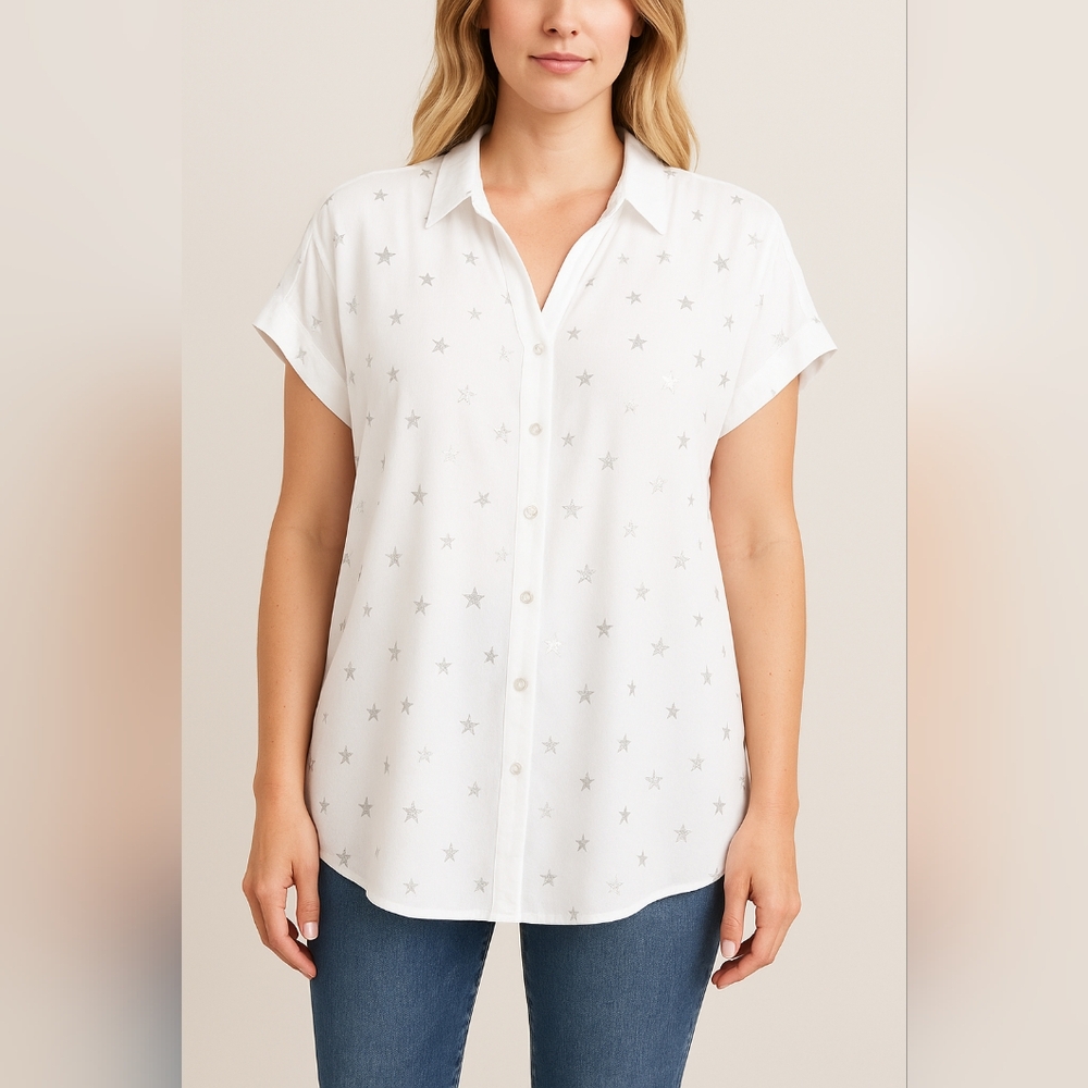 NWOT Jane + Delancey White Silver Star Print Button-Up Blouse XL